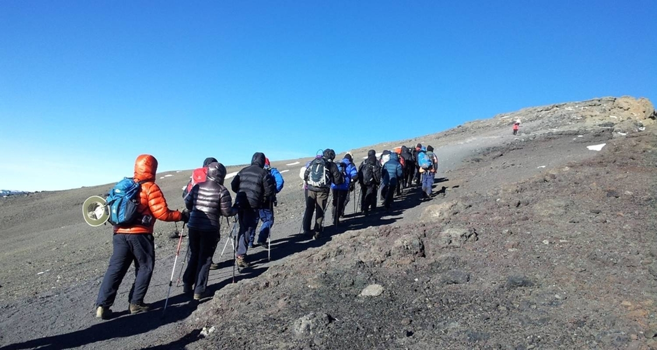 Rangée de randonneurs escaladant le mont Kilimandjaro sous un ciel bleu clair.