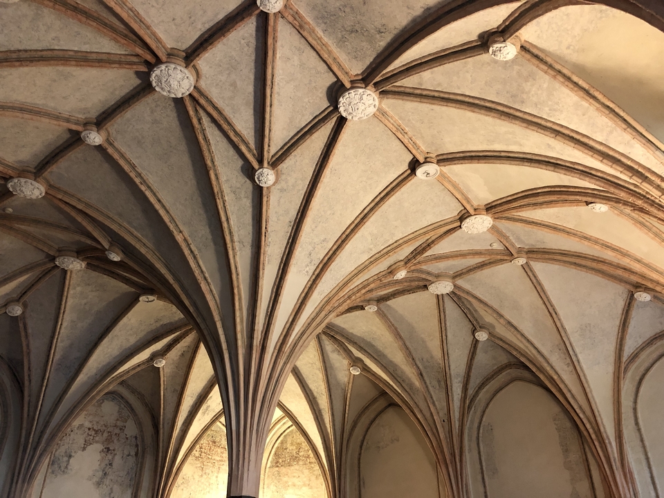 Architektonische Decke mit kunstvollen Bögen.
