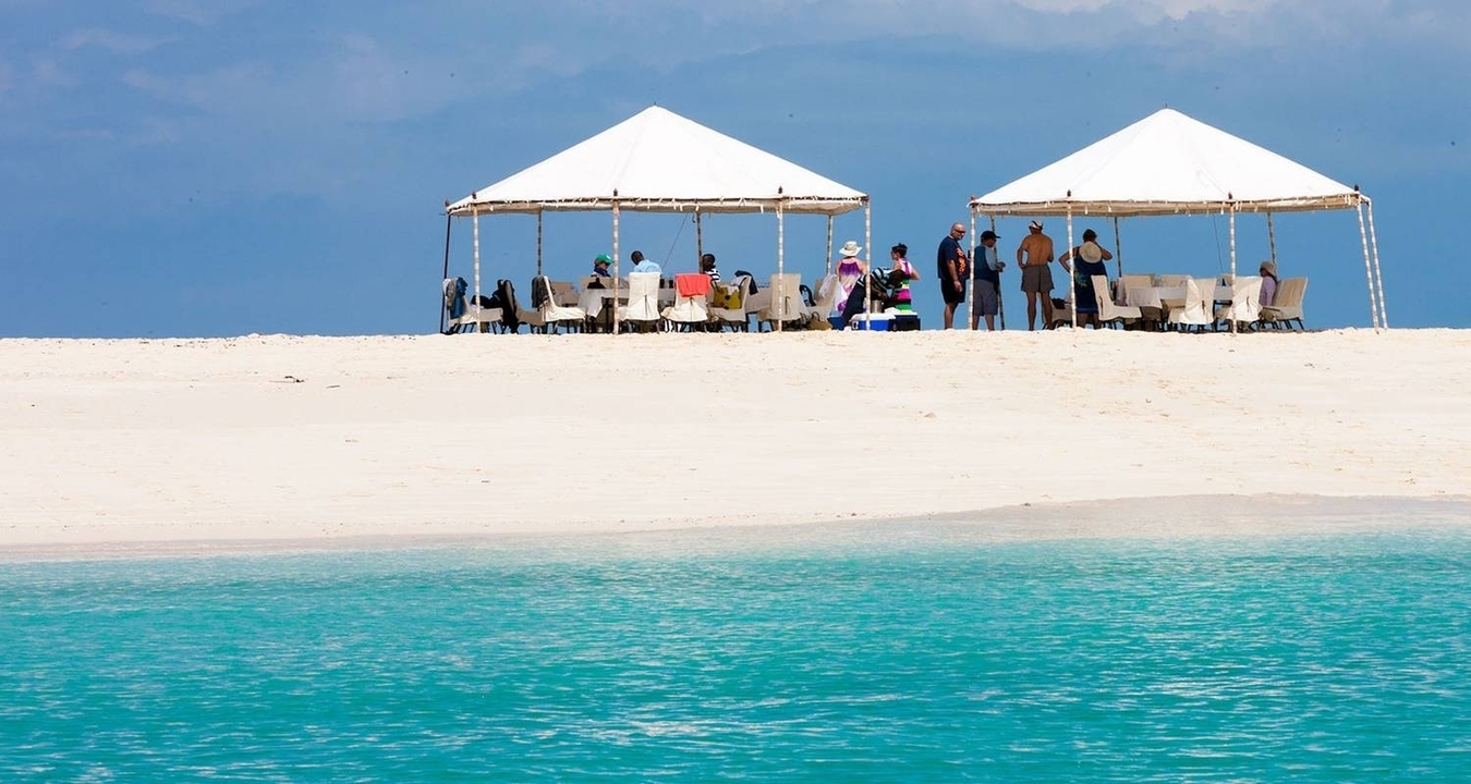Configuration de restauration en plein air avec des personnes sous des tentes sur une plage de sable.
