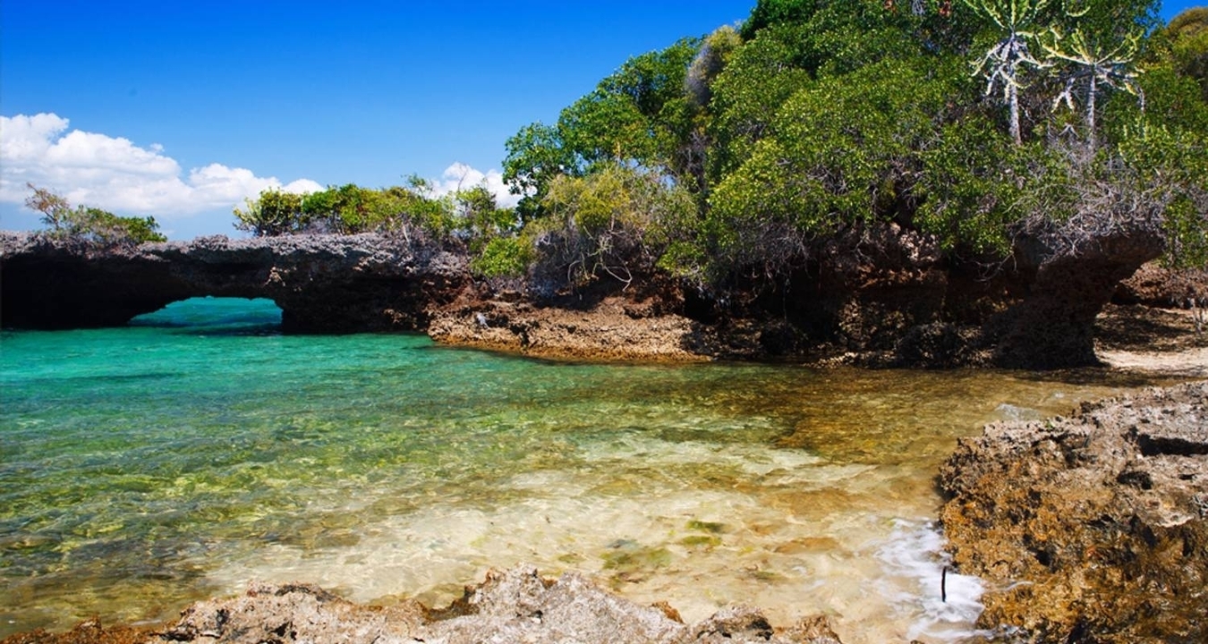 Rive rocheuse avec une eau turquoise claire.