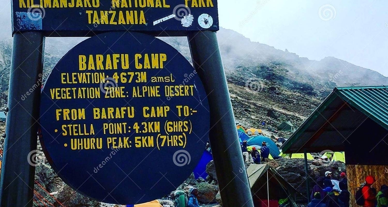 Un panneau pour le Camp Barafu avec des montagnes en arrière-plan.