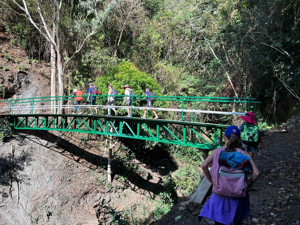 Des gens qui marchent sur un pont métallique vert dans une zone boisée.