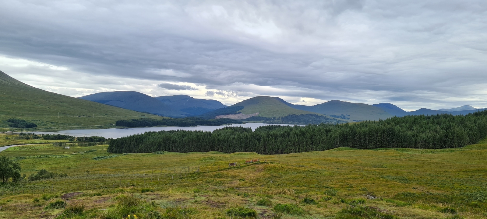 Une vue panoramique de collines et d'une forêt entourant un lac.