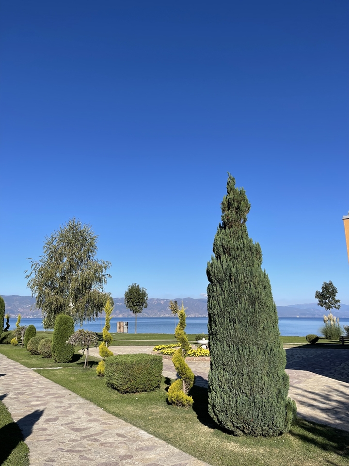 Vue d'un lac avec des arbres au premier plan et des montagnes en arrière-plan.