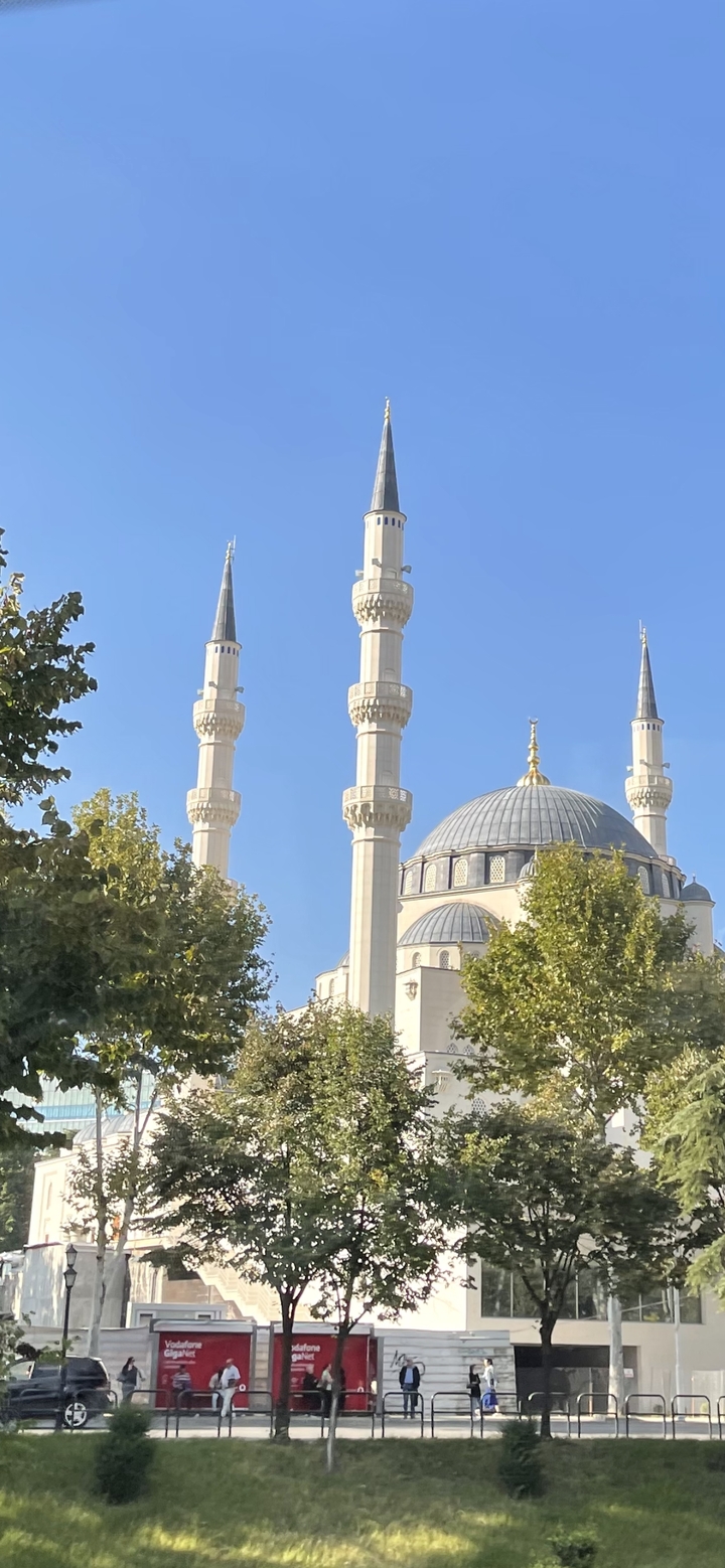 Une mosquée avec deux minarets et un dôme visible parmi les arbres.
