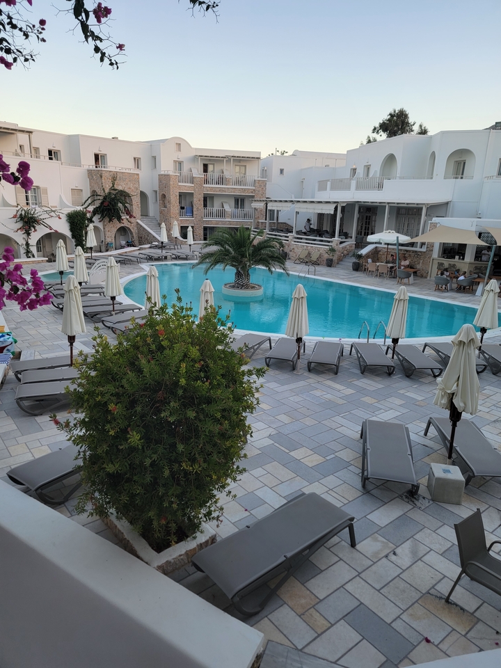 Zone de piscine luxueuse entourée de chaises longues et de verdure.