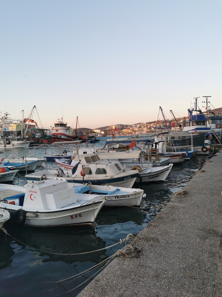 Un port avec plusieurs bateaux et drapeaux au coucher du soleil.