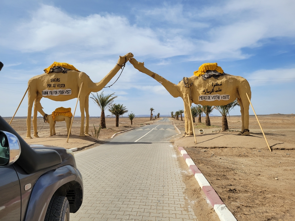 Straßeneingang mit Kamelstatuen und Text in verschiedenen Sprachen.