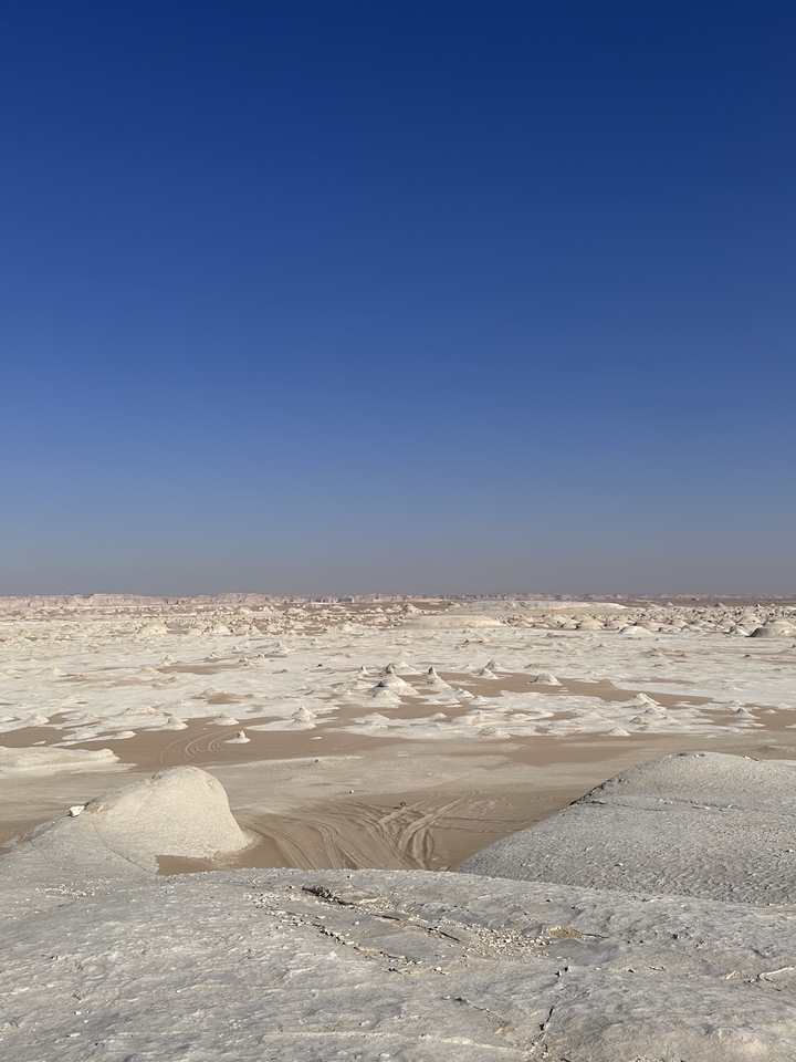 Vue du Désert Blanc avec ses formations rocheuses blanches distinctives.