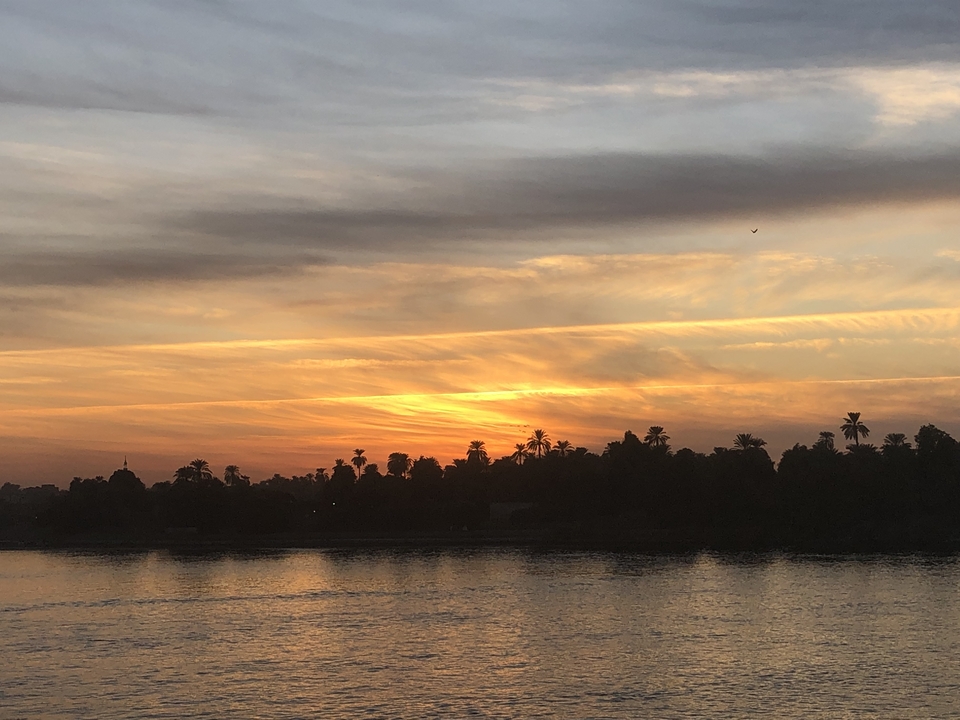 A sunset over a river with silhouetted trees.