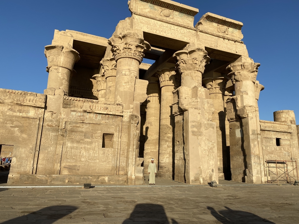 Hautes colonnes et sculptures dans un temple égyptien.