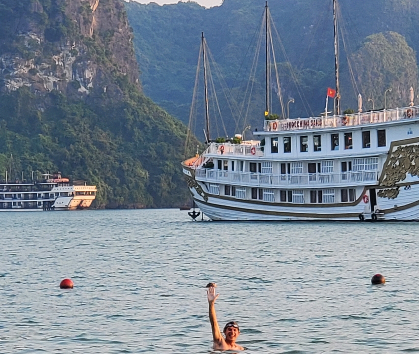 Bateaux d'excursion sur une baie sereine avec des gens qui nagent.