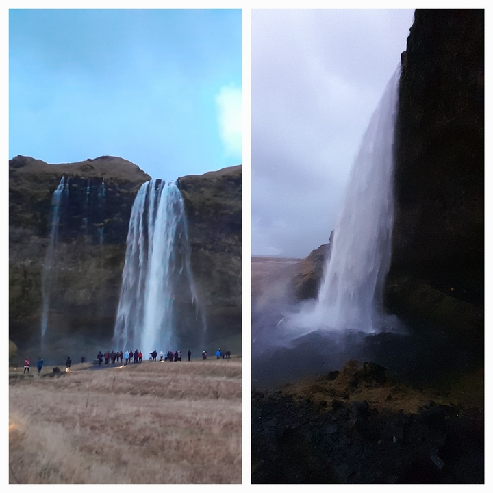 Dual image of waterfalls with people