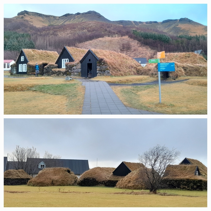 Icelandic turf houses with paths and signs