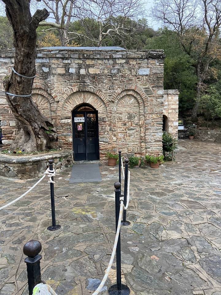 Entrée d'un bâtiment en pierre avec un vieil arbre et des pavés.