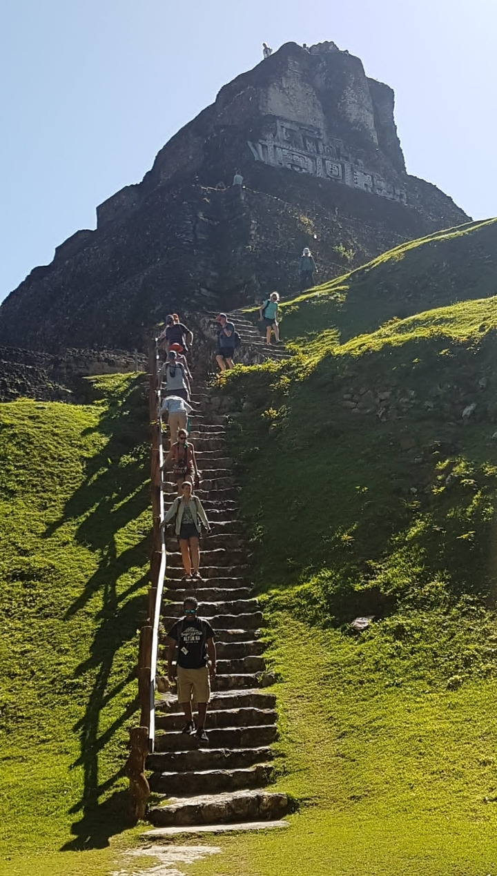 Des gens descendant des marches en pierre dans une zone herbeuse
