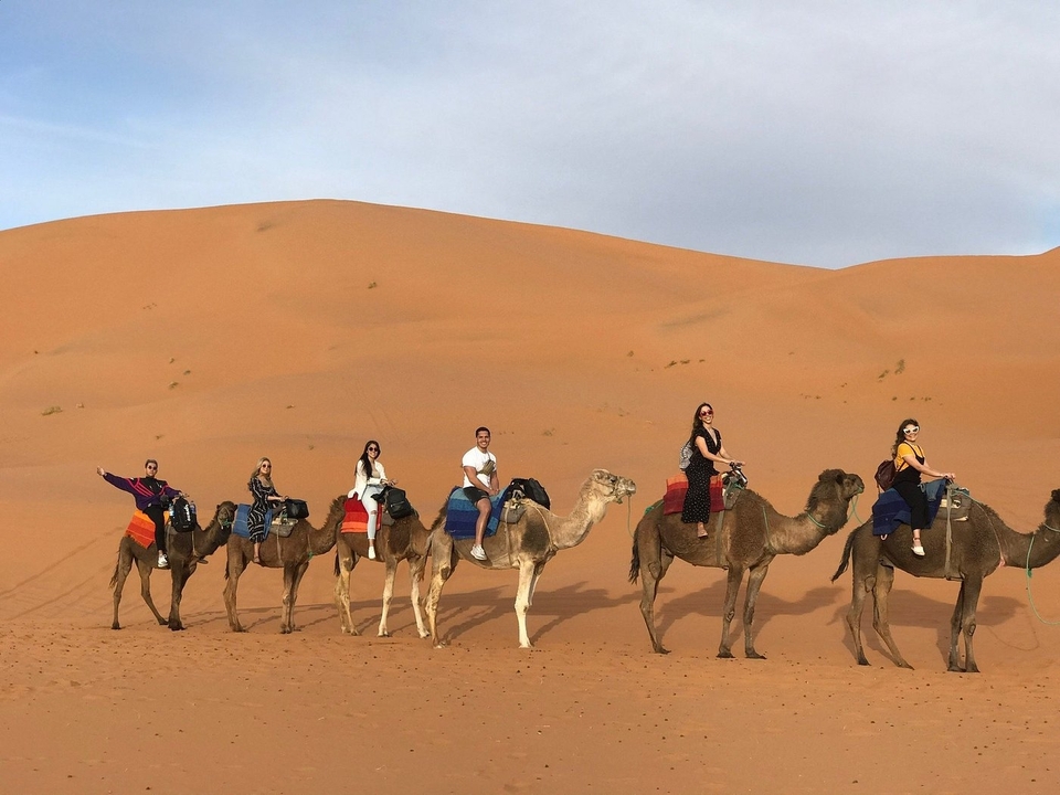 Gruppe reitet auf Kamelen durch eine Wüstenlandschaft.