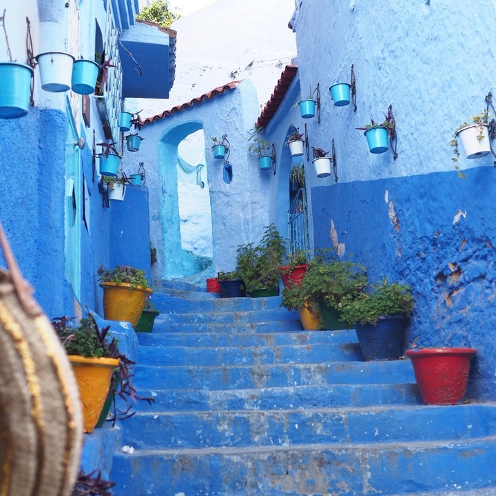Blaue Treppe mit bunten Töpfen und Pflanzen in einer schmalen Straße.