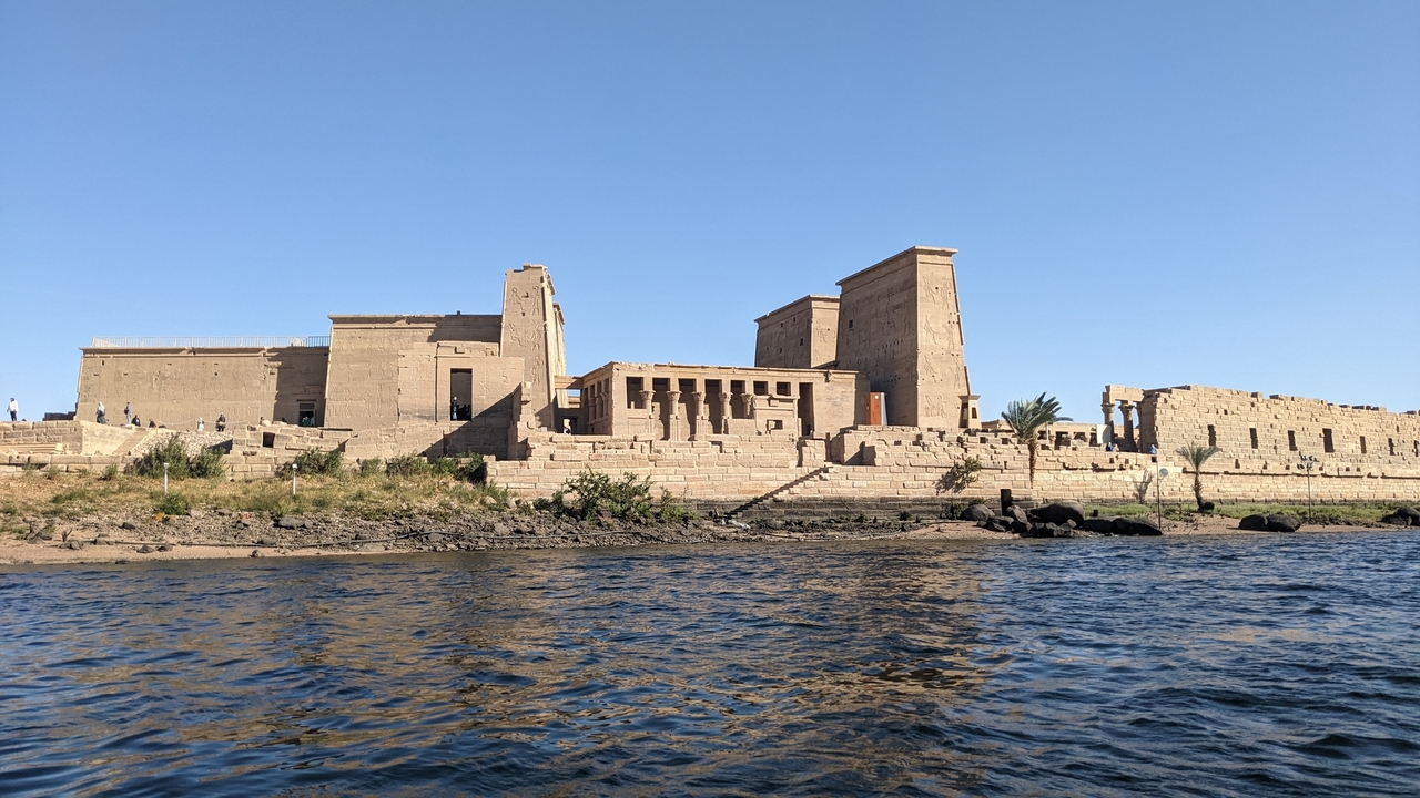 Temple complex on the Nile riverbank.
