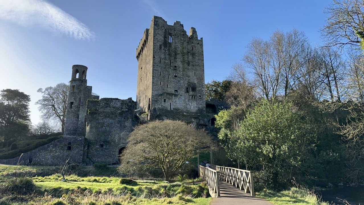 Une tour de pierre historique et un pont entourés d'arbres et d'un ciel bleu dégagé.
