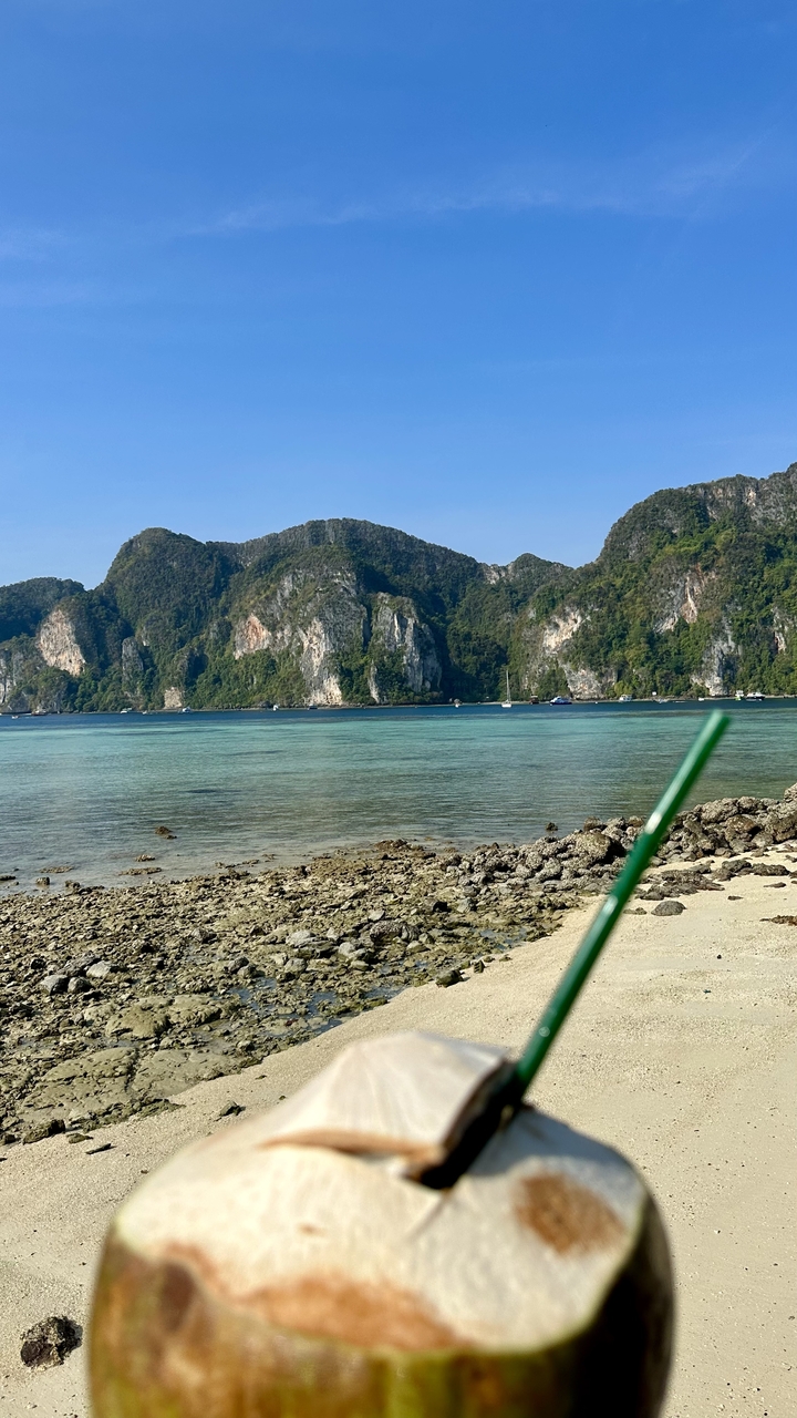 Coastal landscape with clear water and green hills.