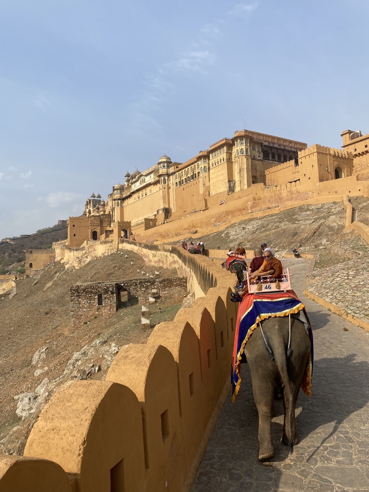 Des gens se déplaçant à dos d'éléphant devant un fort historique.