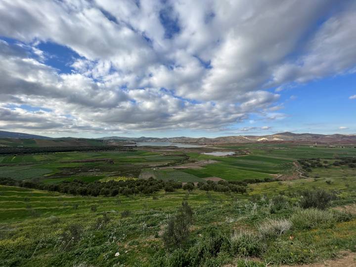 Expansive green valley with partly cloudy sky