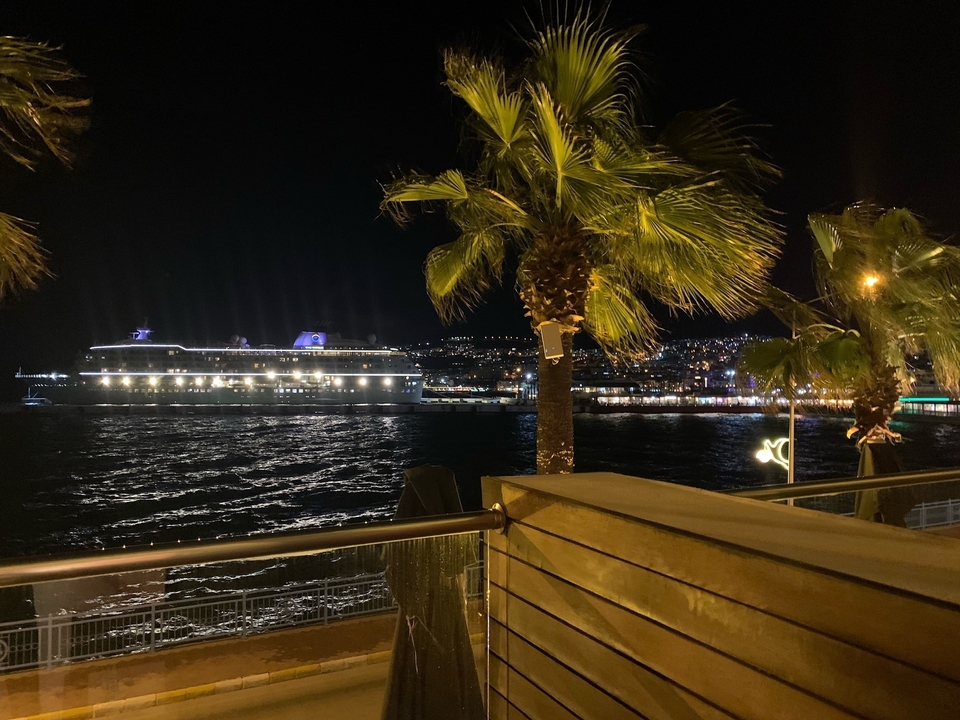 Vue nocturne d'un navire de croisière dans le port.