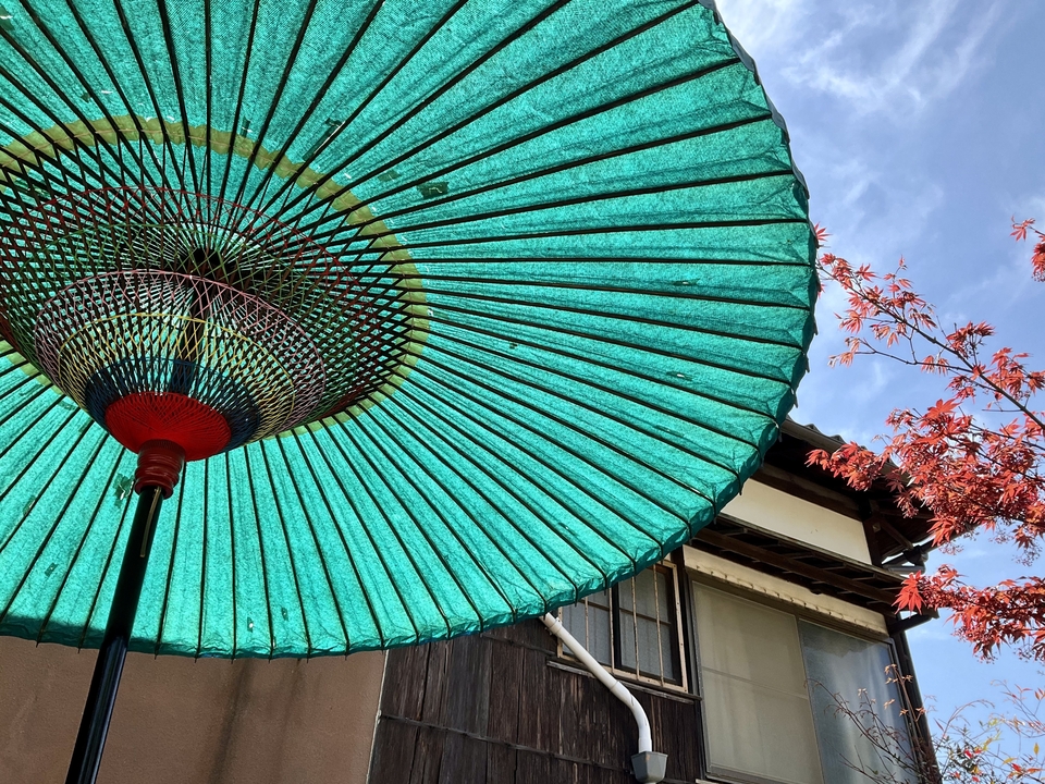 Un parapluie en papier coloré avec des arbres et une structure traditionnelle en arrière-plan.