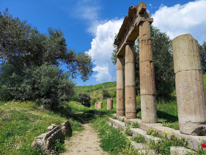 Anciennes colonnes de pierre dans un paysage verdoyant luxuriant sous un ciel bleu.