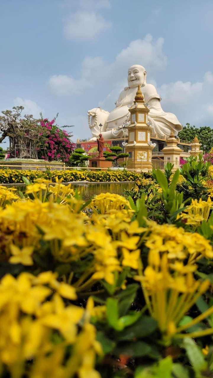 Jardin coloré avec des fleurs et un temple en arrière-plan.