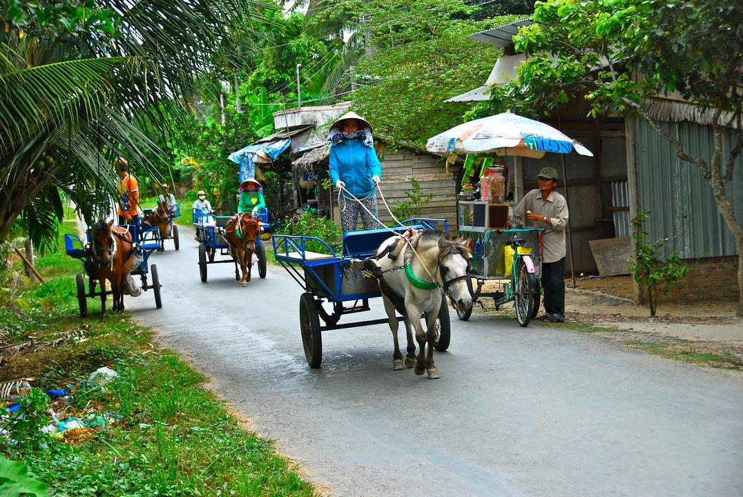 Menschen fahren mit Ponywagen auf einer Dorfstraße.