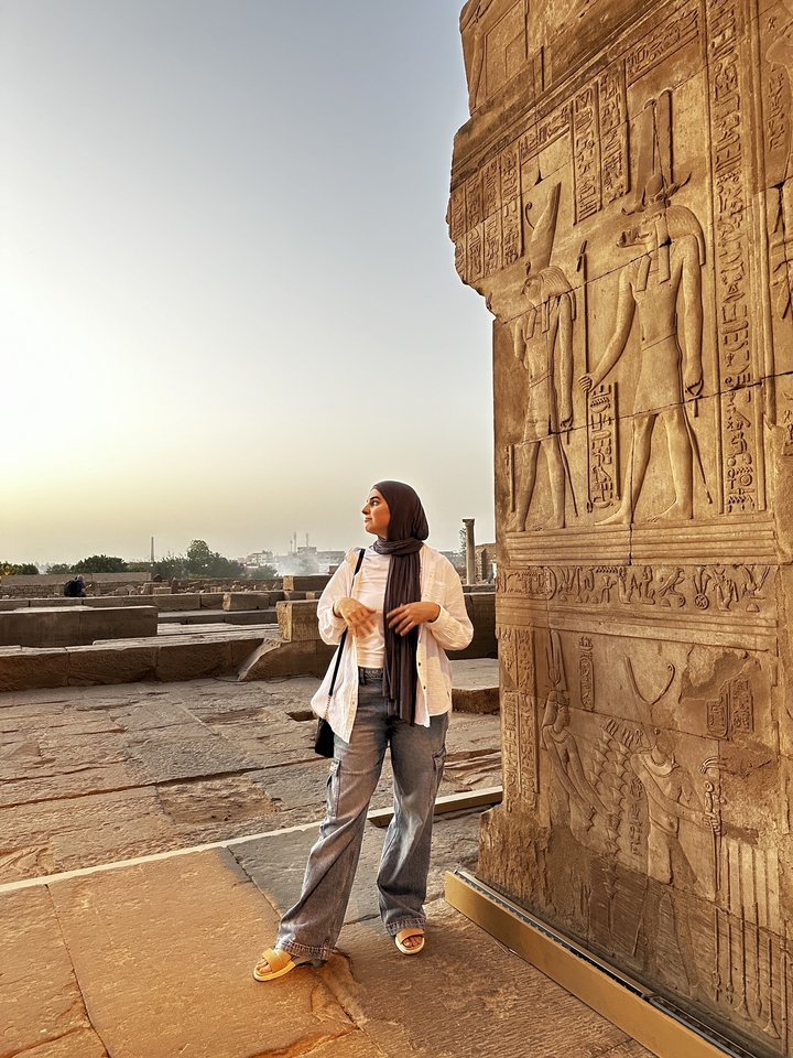 Personne debout à côté de sculptures murales de l'Égypte antique au coucher du soleil.
