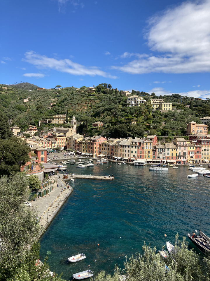 Le port de Portofino avec ses bâtiments colorés et ses bateaux.
