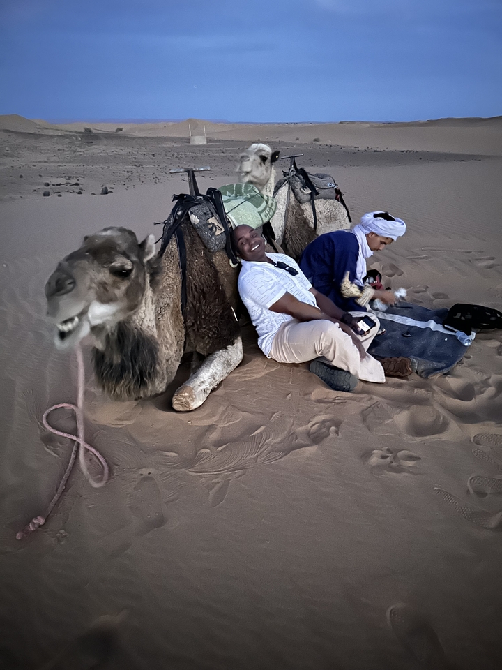 Des gens assis sur le sable à côté d'un chameau, ayant l'air détendus.