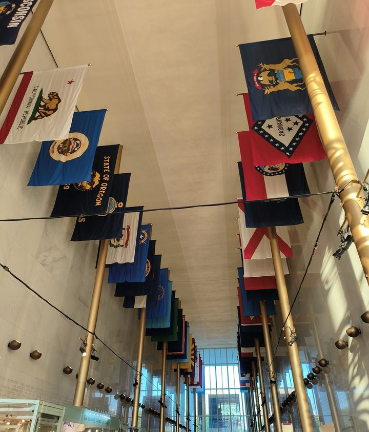 Here's the French translation:
"Différents drapeaux suspendus à l'intérieur d'un bâtiment."