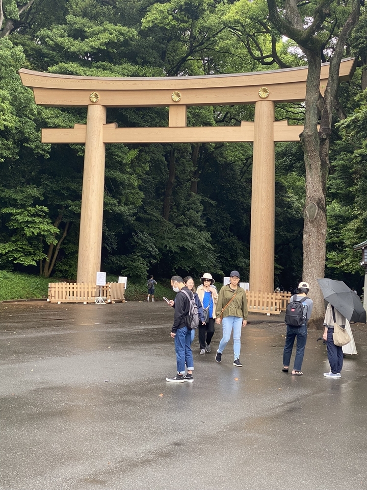 Des gens marchant près d'un grand torii en bois dans une zone boisée
