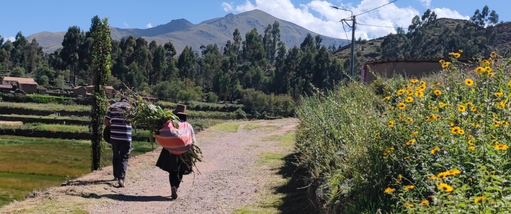 Deux personnes marchant sur un sentier rural en portant des objets.