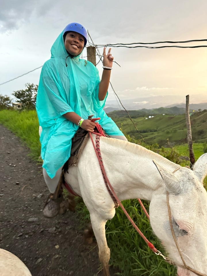 Personne portant un poncho montant un cheval blanc