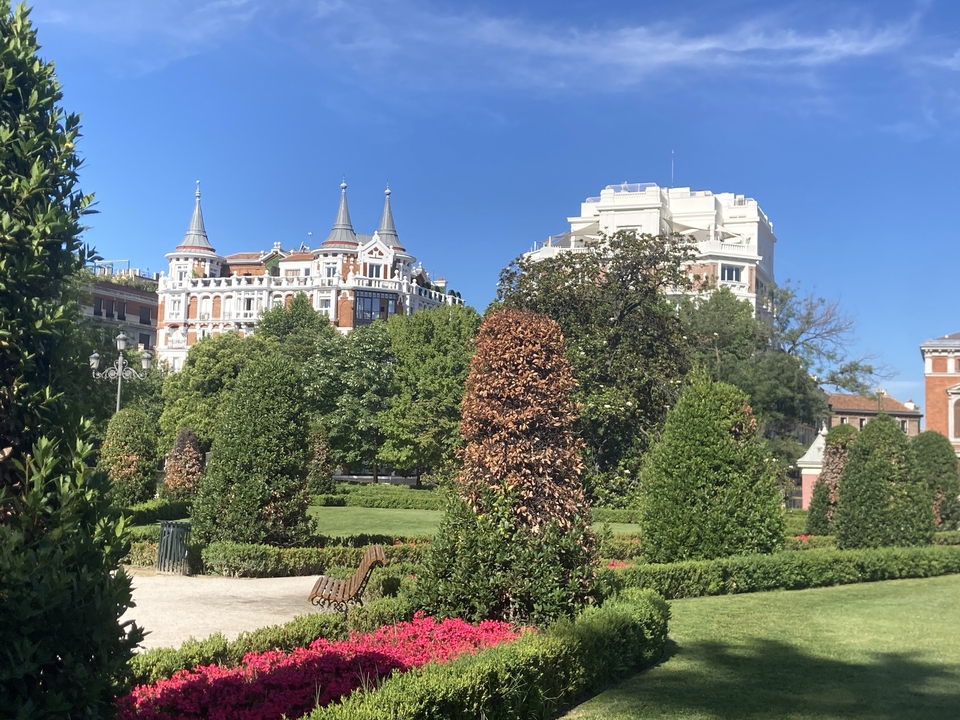 Jardin à l'européenne avec des bâtiments en arrière-plan.