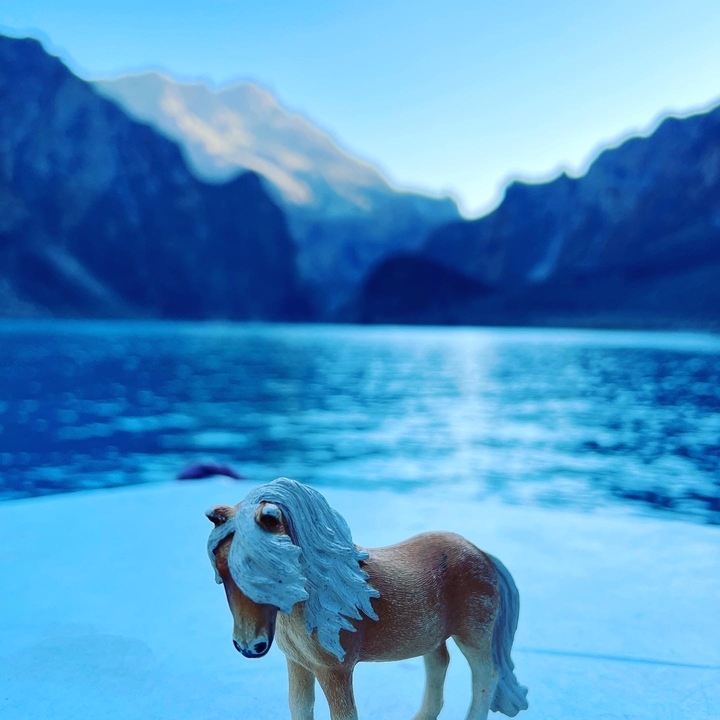 Figurine de cheval jouet sur un bateau avec des montagnes au loin.