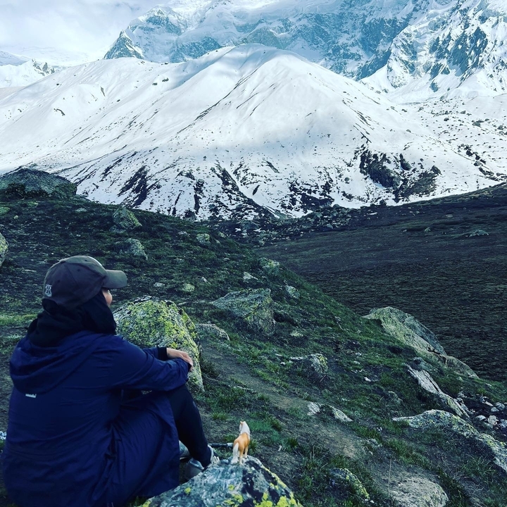 Une personne qui contemple des montagnes enneigées.