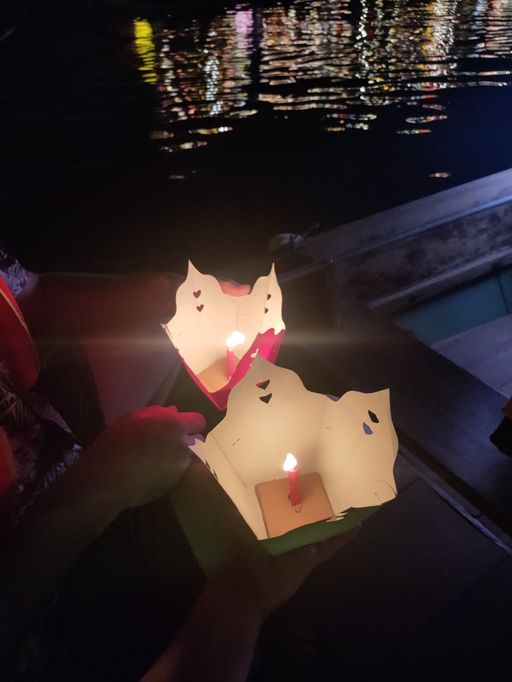 Gros plan de mains tenant des lanternes en papier avec des bougies.