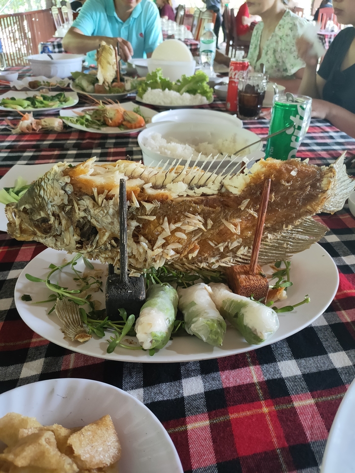 Gros plan d'un plat de poisson frit avec des herbes fraîches dans une assiette.