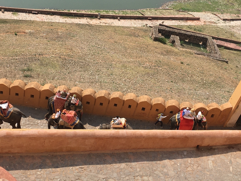 Rangée d'éléphants gravissant une rampe de fort.