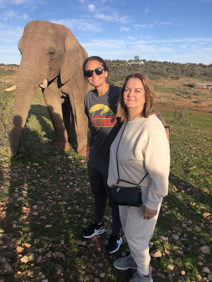 Deux personnes debout avec des éléphants en arrière-plan.