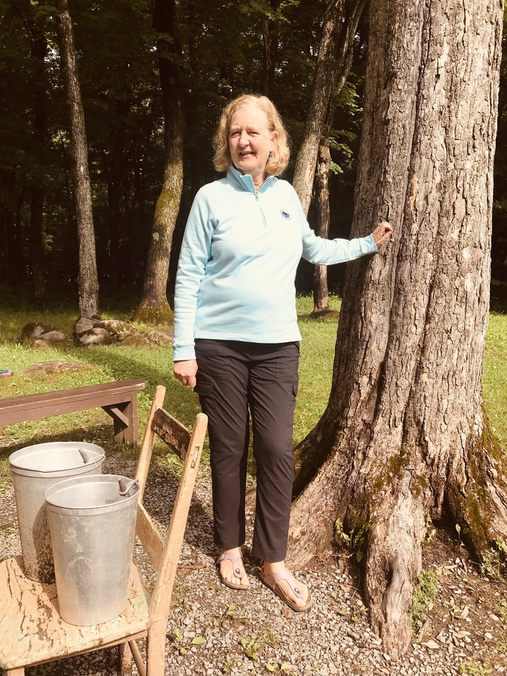 Personne posant avec un arbre et un seau.