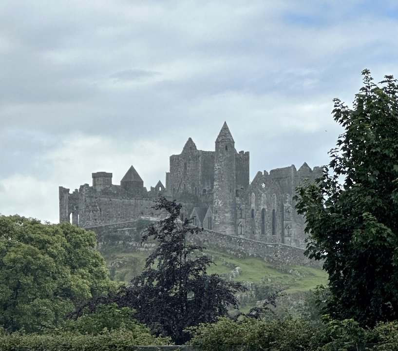 Des ruines d'un château ancien situées au sommet d'une colline avec des arbres.