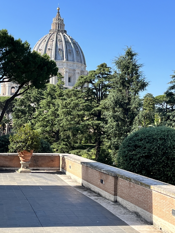 Vue d'un bâtiment historique derrière des arbres luxuriants.