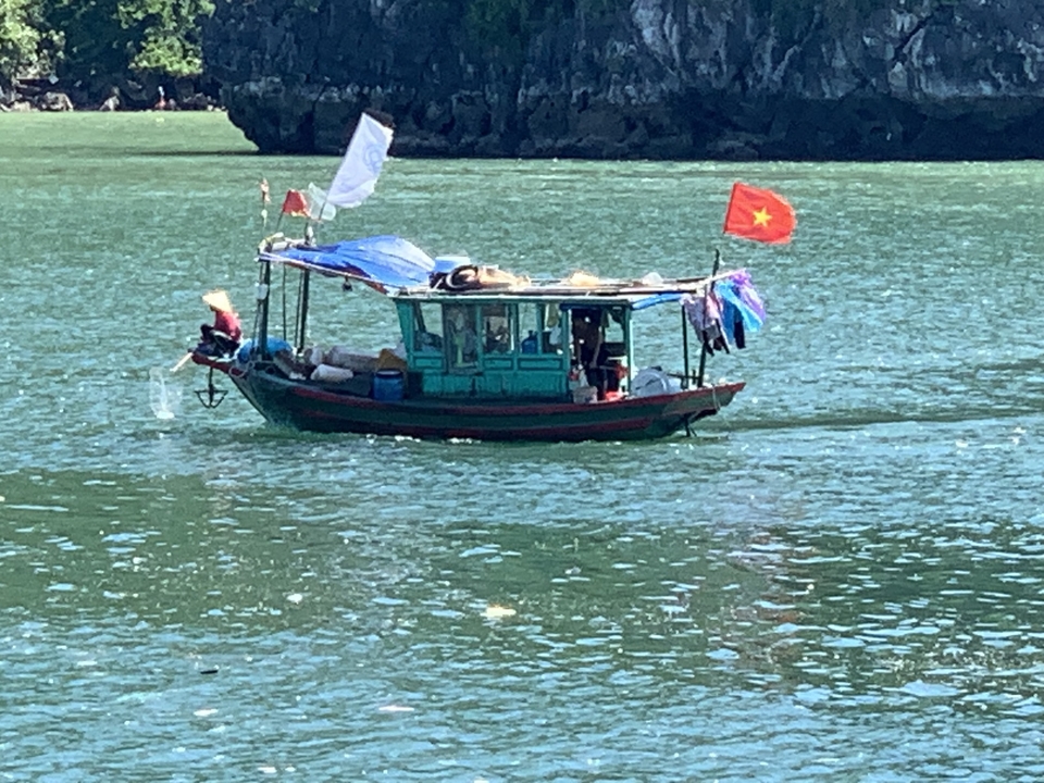 Bateau traditionnel sur l'eau avec une île en arrière-plan.
